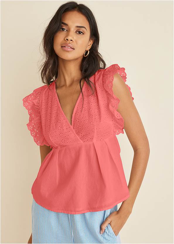 Cropped front view Eyelet Ruffle Tank