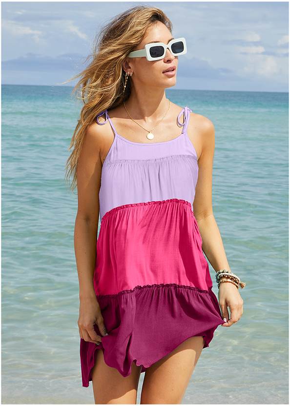 Tiered Cover-Up Dress,Shimmer Underwire Top,Shimmer Low-Rise Bottom,Belted One-Piece