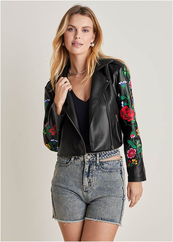 Printed Faux-Leather Jacket,Rhinestone Cut Out Shorts