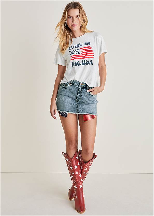 Made In The U.S.A. Graphic Tee,Denim Micro Mini Skirt,Americana Cowgirl Boots