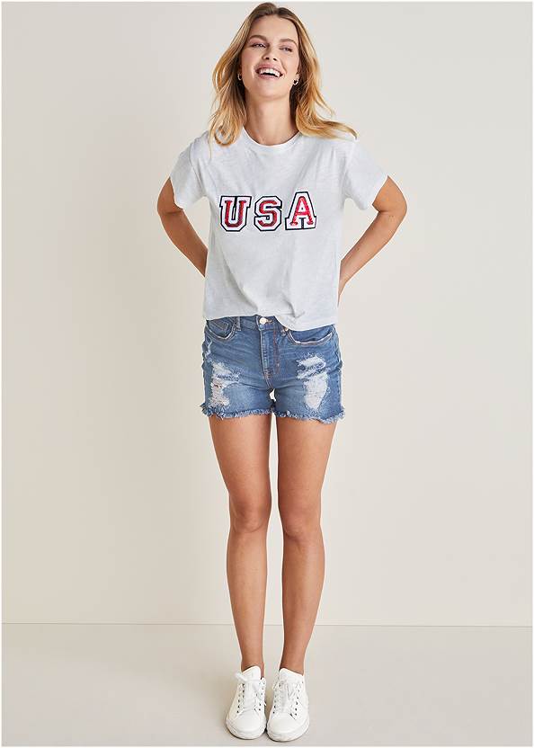 Collegiate Usa Graphic Tee,Casual Sneakers,Distressed Jean Shorts