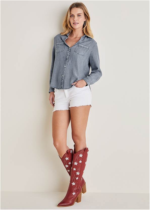 Chambray Button-Down Top,Jessica Cutoff Denim Shorts,Americana Cowgirl Boots