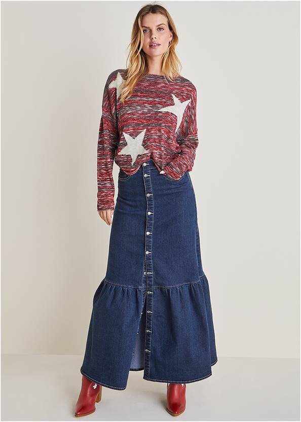 Cotton Slub Star Sweater,Denim Button Down Flounce Skirt ,Americana Cowgirl Boots
