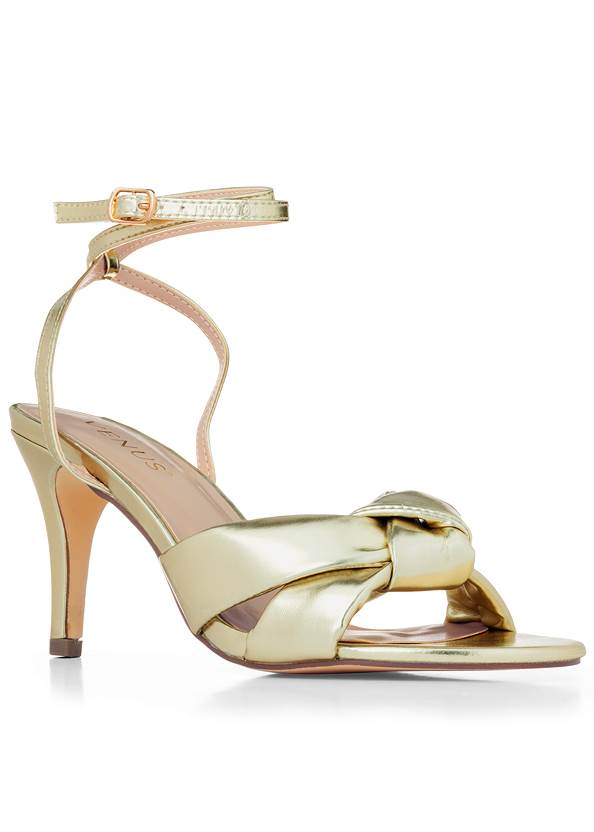 Knotted Ankle Strap Heels,Gold Foil Pleated Jumpsuit