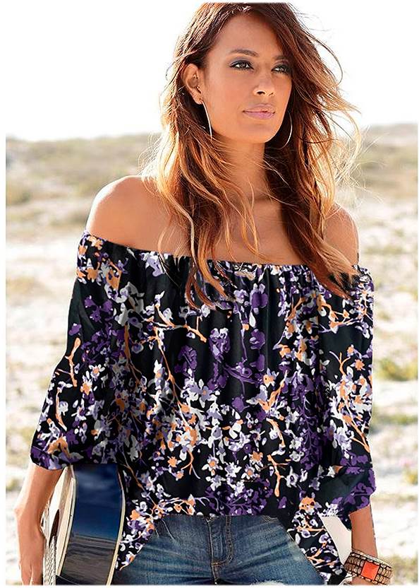 Off-The-Shoulder Floral Top,Ripped Capri Jeans,Pearl By Venus® Strapless Bra, Any 2 For $30