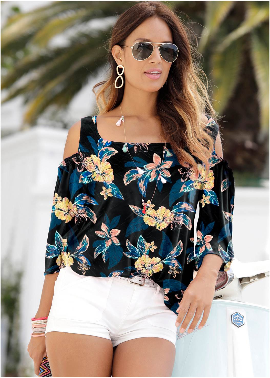 PRINTED COLD-SHOULDER TOP in Blue Multi | VENUS