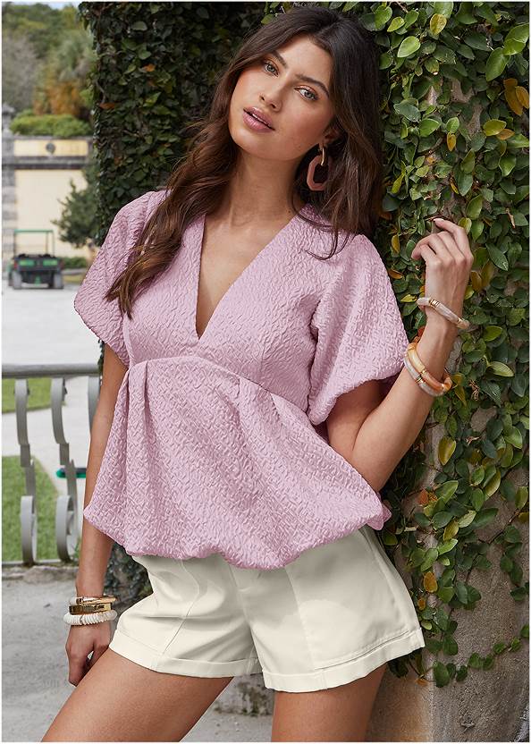 Relaxed Twill Shorts,Textured V-Neck Top,Sheer Beauty Blouse