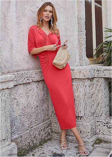 Women's V Neck Long Sleeved Dress Mixed Color High And Low Casual Skirt  Petite Maxi Dress for Short Women Grey