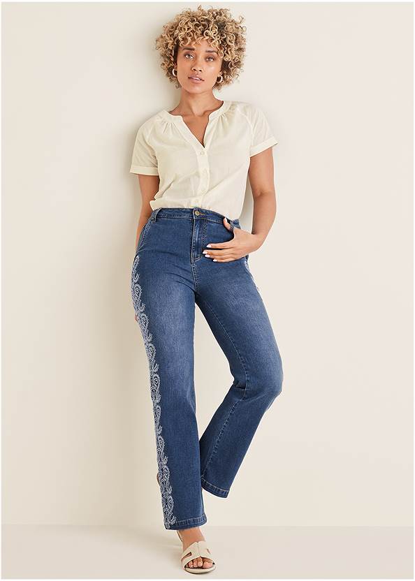 Side Embroidered Jeans,Short Sleeve Blouse