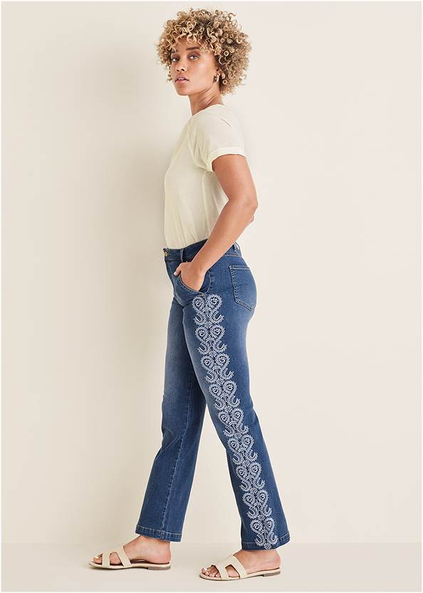 Side Embroidered Jeans,Short Sleeve Blouse