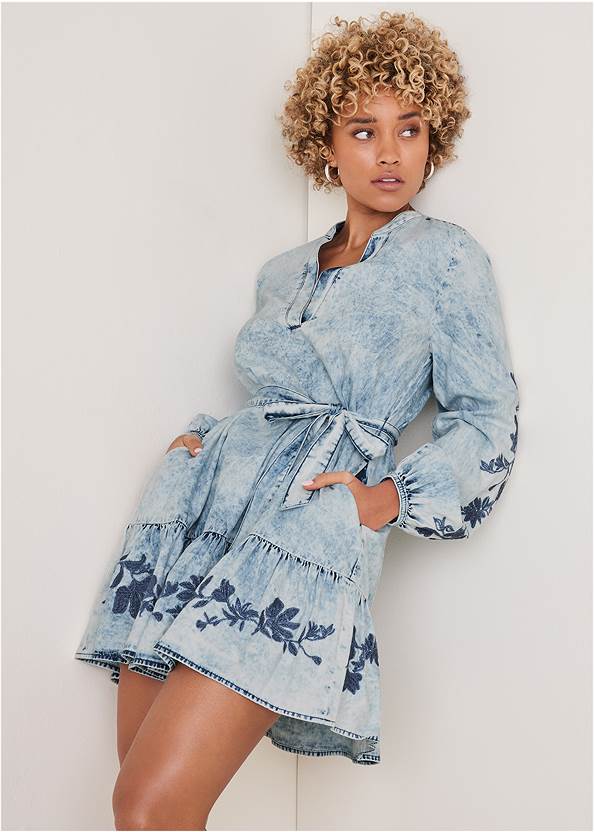 Front View Embroidered Denim Dress