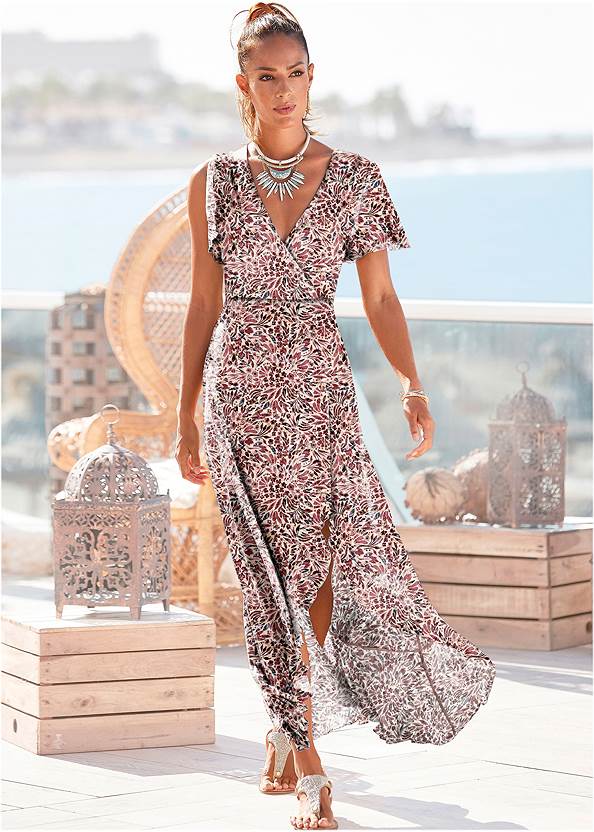 Surplice Maxi Dress,Long Ribbed Duster,Strappy Kitten Heels,Etched Metal Upper Arm Band