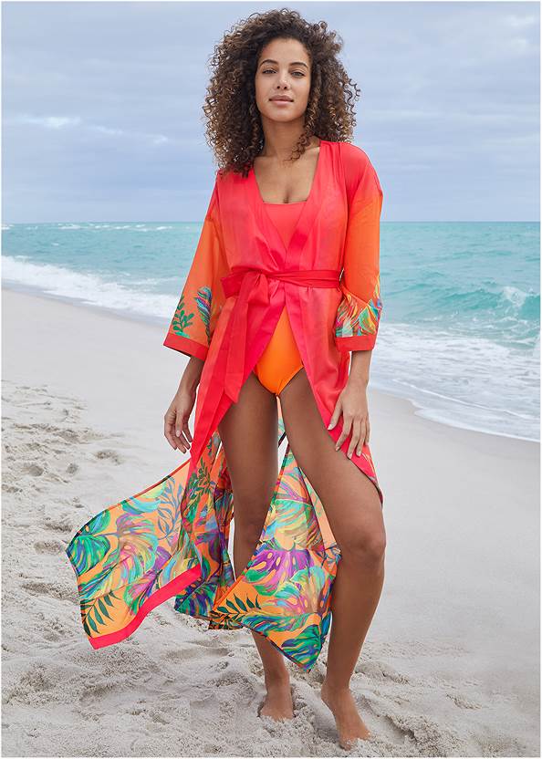 Belted Kimono Cover-Up,Tie Back One-Piece