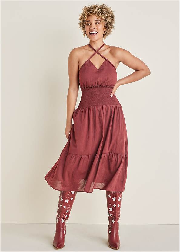 Cotton Voile Midi Dress,Americana Cowgirl Boots