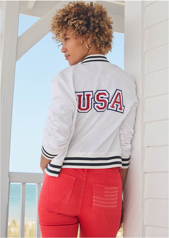 U.S.A. Matte Satin Bomber,Americana Bootcut Jeans,Denim Micro Mini Skirt,Casual Sneakers