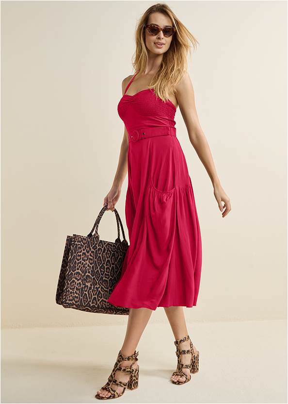 Front View Belted Halter Midi Dress