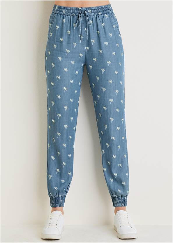 Front View Printed Chambray Joggers