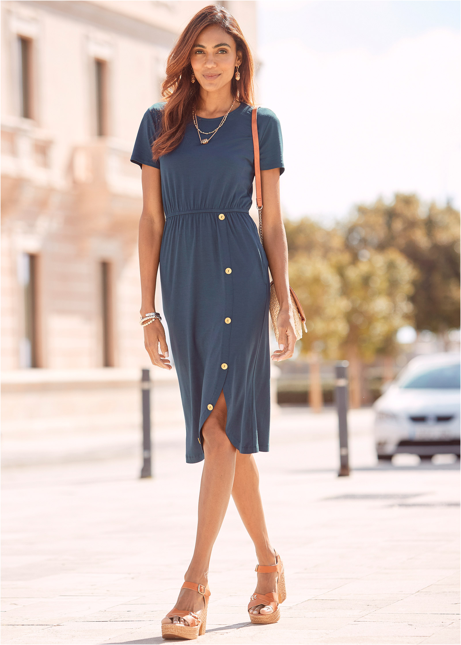 Button Detail Midi Dress in Blue | VENUS