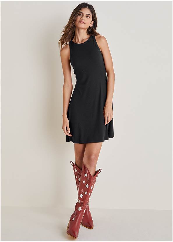 Ribbed Fit And Flare Dress,Americana Cowgirl Boots